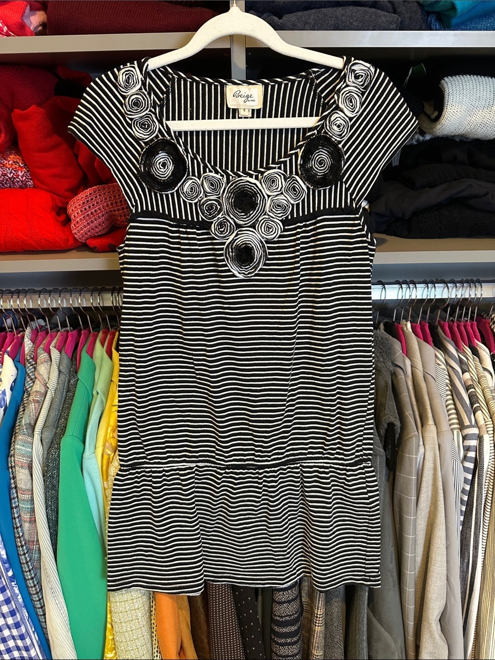 Beige by Eci black/white striped rosette detail shirt sleeve mini dress size S